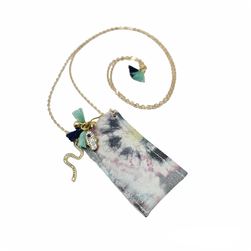 Crystal Necklace with Leather pouch - Tie dye