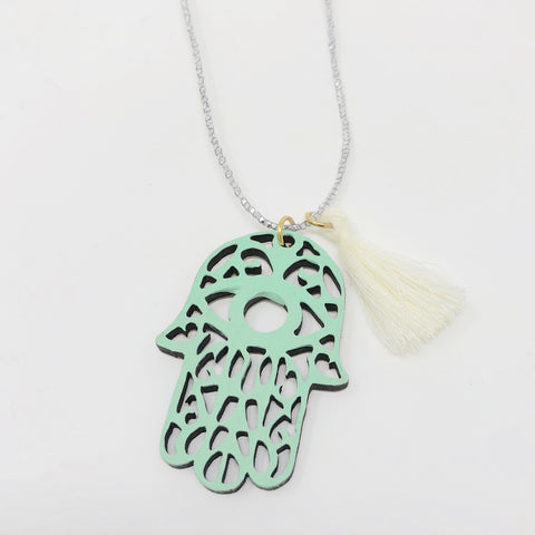 Hamsa Wooden Necklace - Green