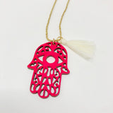 Hamsa Wooden Necklace - Hot Pink