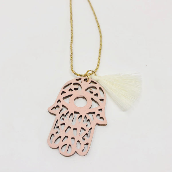 Hamsa Wooden Necklace - Light Pink