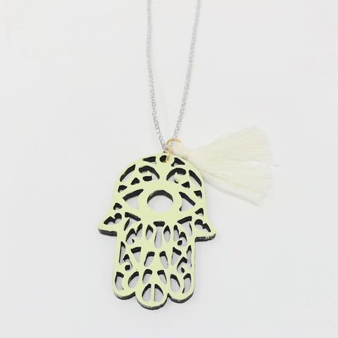 Hamsa Wooden Necklace - Yellow