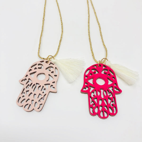 Hamsa Wooden Necklace - Hot Pink