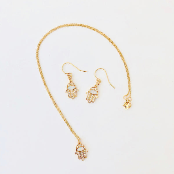 Gold Filled Necklace + Pierce Set - Opal Hamsa