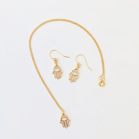 Gold Filled Necklace + Pierce Set - Opal Hamsa